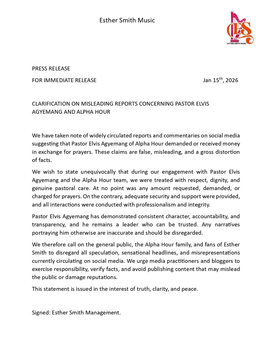 EstherSmithGh's tweet image. CLARIFICATION ON MISLEADING REPORTS CONCERNING PASTOR ELVIS AGYEMANG (ALPHA HOUR)

We have taken note of widely circulated reports and commentaries on social media suggesting that Pastor Elvis Agyemang of Alpha Hour demanded or received money in exchange for prayers. These claims…