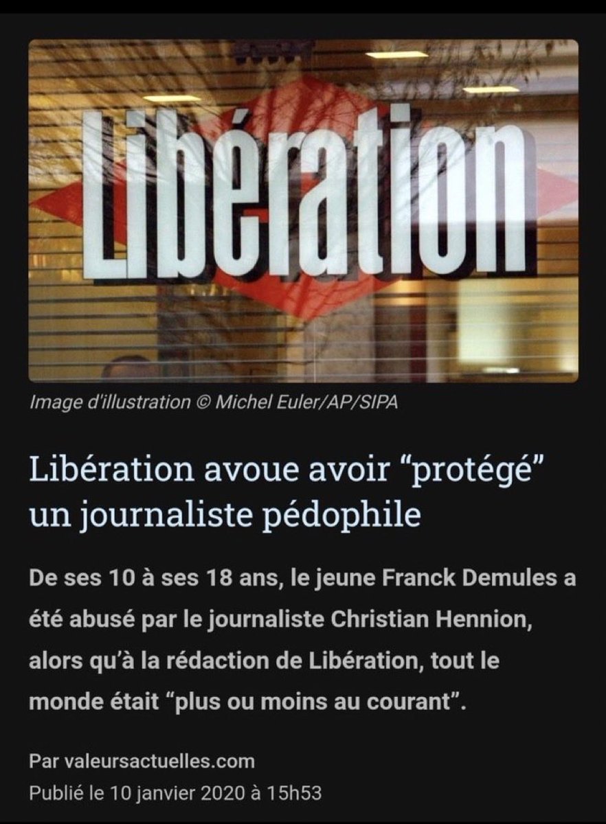 🔴 SCANDALE : Libération a PROTÉGÉ 8 ans un journaliste qui violait un gamin dès 10 ans (Hennion).
« On était tous au courant mais on a RIEN fait »
« C’était l’esprit libertaire du journal » 🤮
Le même journal qui nous fait la morale tous les jours…
Dégoûtant.
#Pédocriminalité