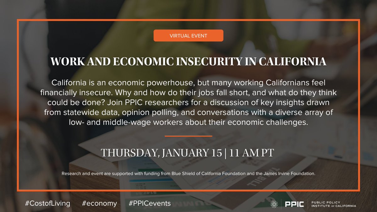 PPICNotes's tweet image. TODAY: CA has one of the world’s largest #economies, yet many #workers still feel economically #insecure. Join us for a virtual report briefing that highlights statewide #data and voices from working Californians across regions and backgrounds.

 More: bit.ly/3ZeHbwV
