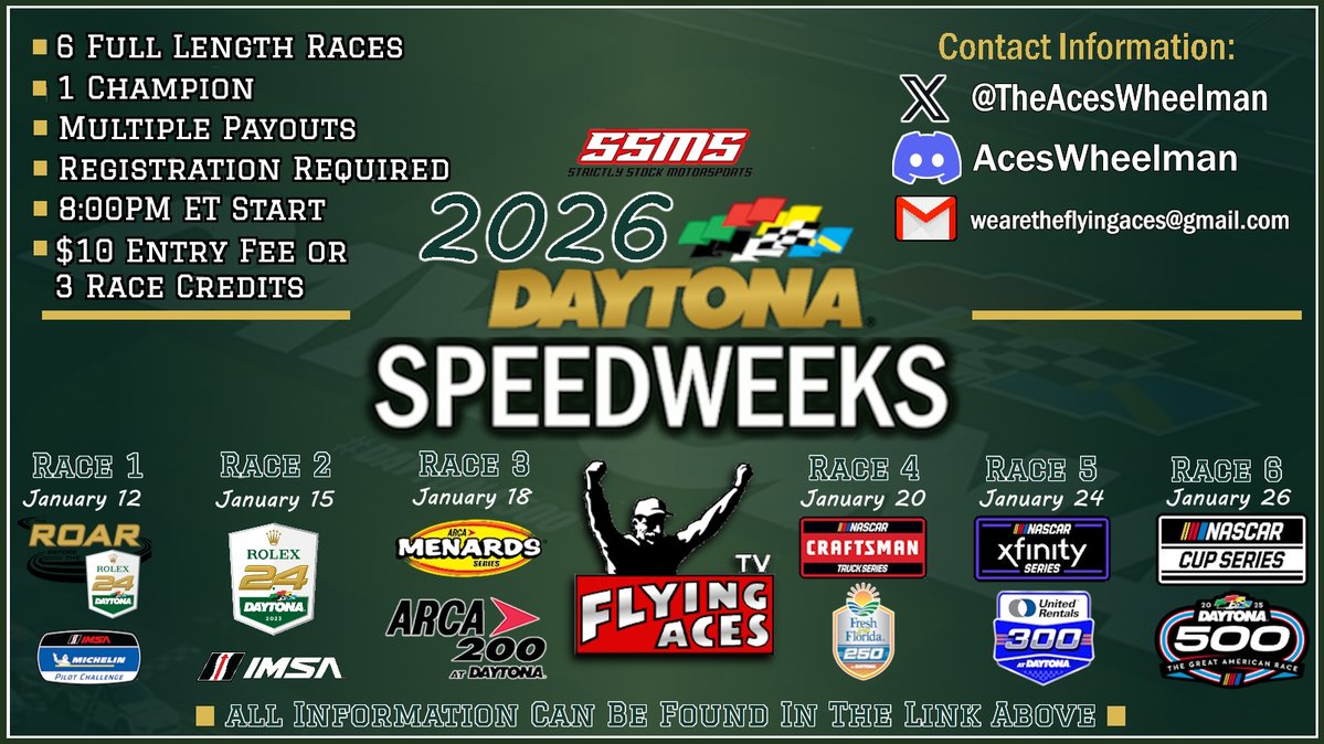 🏁<a href="/Strictly_Stock/">Strictly Stock Motor Sports</a> Speedweeks🏁

Tonight is Race 2 of SSMS's Daytona Speedweeks.

We'll go around the clock for the Rolex 2.4!

Green Flag: 8:00PM ET
Livestream: 7:45PM ET

Series Standings: shorturl.at/hcg5c
Series Info: tinyurl.com/Speedweeks2026