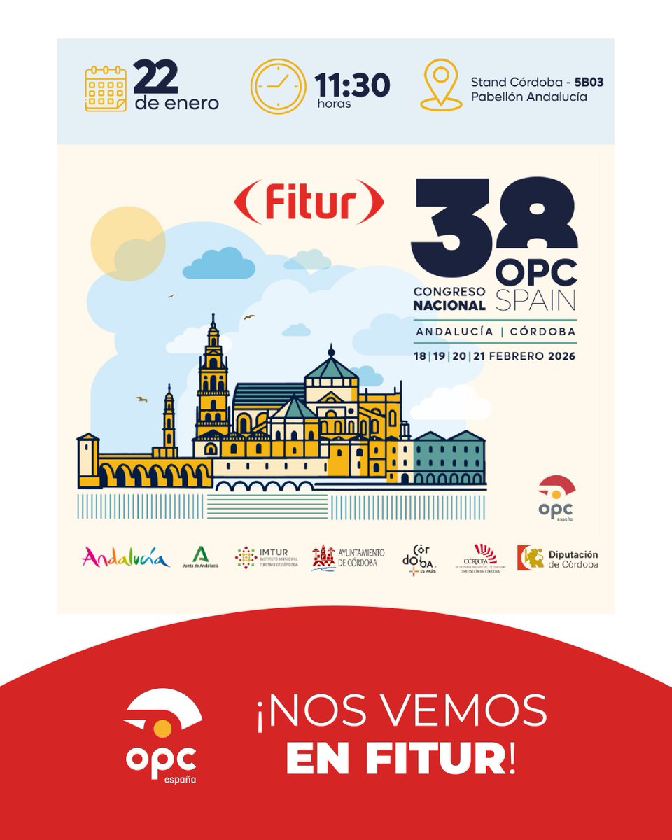 🔴¡Tenemos una cita en FITUR!🔴

El 38 Congreso OPC Spain #OPC2026 dará su primer paso en <a href="/fitur_madrid/">FITUR</a> , uno de los grandes puntos de encuentro del sector turístico y #MICE. 

👉🏼 Nos encontraremos el 22 de enero a las 11:30 horas en el Stand de Córdoba (5B03), dentro del
