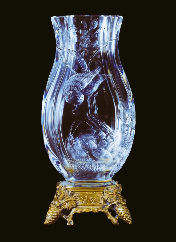 Japonisme silvered bronze mounted crystal vase, France, circa late 19th century.