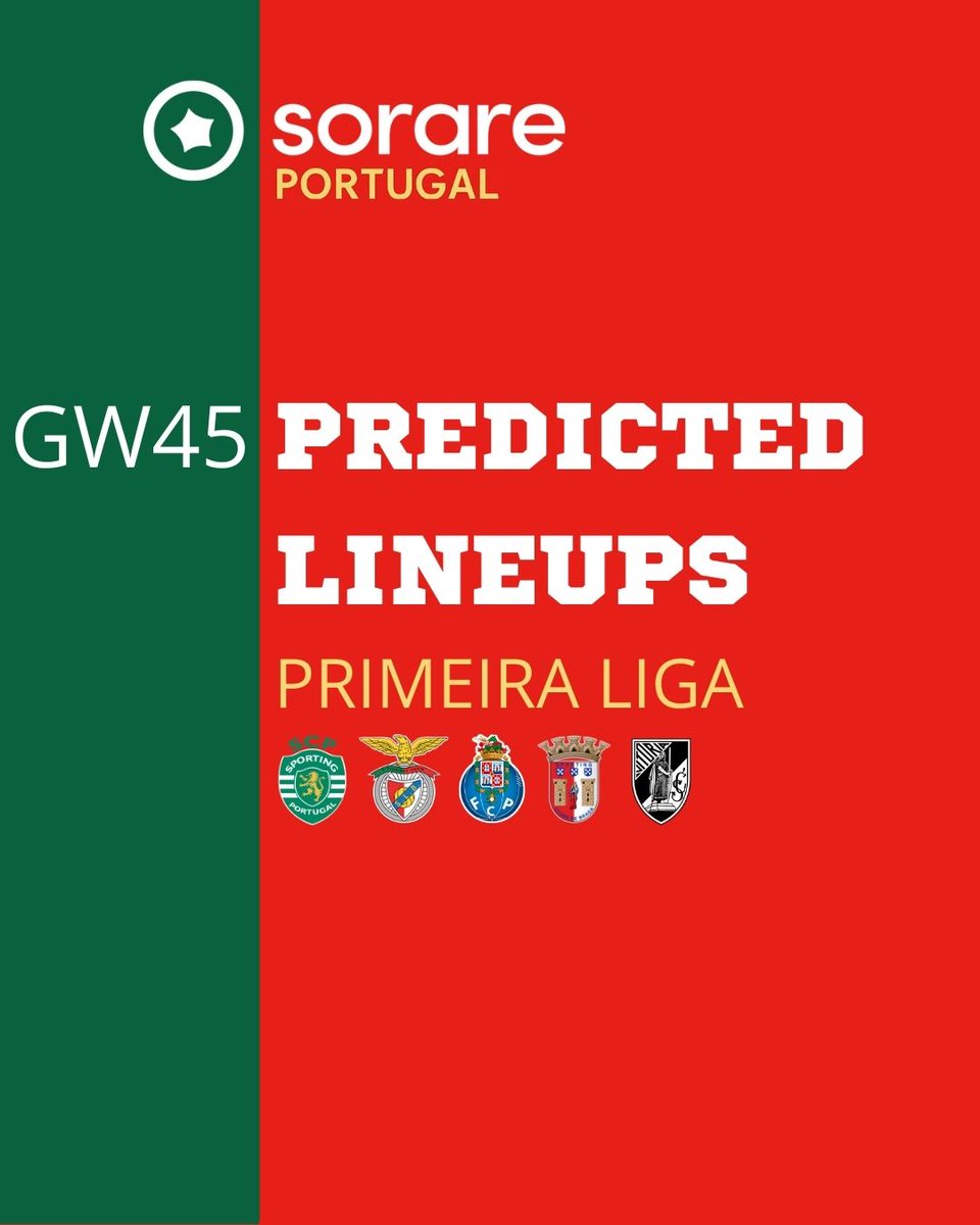 🚨 GW45 Predicted Lineups 🚨

Predicted starting lineups for the #PrimeiraLiga licensed teams in #sorare.

Tough gameweek to predict... post-cups, pre-European matches, lots of injuries or players coming back.

🧵👇