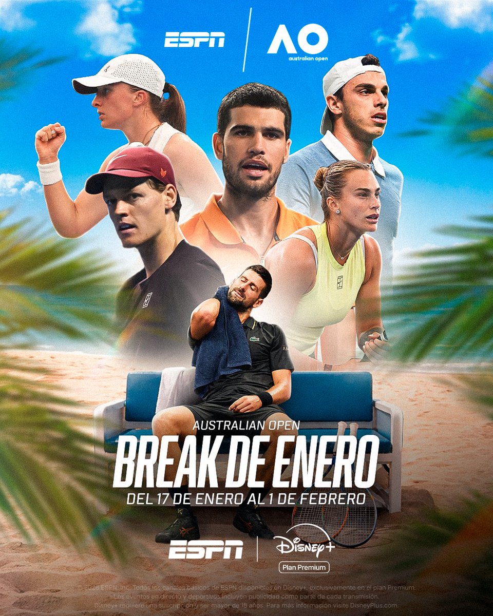 ESPNtenis's tweet photo. EL BREAK QUE ESTÁBAMOS ESPERANDO 🏖️

Comienza un nuevo #AustralianOpen y es el momento PERFECTO para hacer el break y disfrutar a los mejores tenistas del mundo 🔥

¿Quién es tu favorito/a a ganar el PRIMER GRAND SLAM del año? 🏆

📺 Disfruta el #AustralianOpen a través de ESPN y mira todas las canchas en el Plan Premium de @disneyplusla.