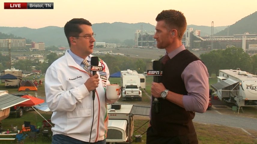 ESPNMcGee's tweet photo. So, we're doing 2016 pics? Cool. Look at these two, covering the Battle at Bristol. Moments before we went live on @SportsCenter a guy stepped out of one of those RVs behind us dressed only in his tighty whities, scratched himself and hollered "Go Vols!" https://t.co/kYJJRdnlmP