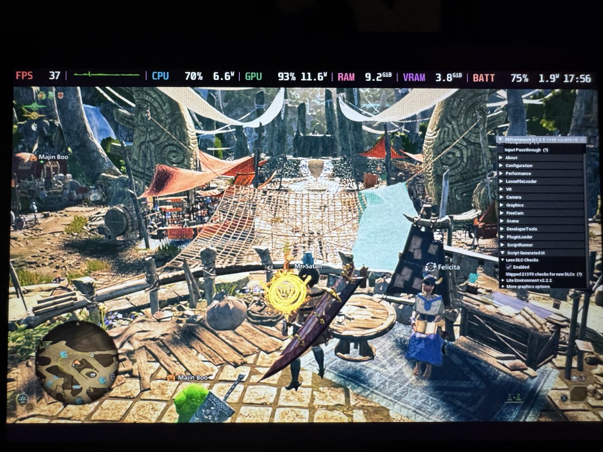 Yeah, the Less DLC Checker from <a href="/de_Tylmarande/">Antrix</a> really works in the lobby. Normally I get less than 30fps in the Hub with my Steamdeck (22W TDP OC) in #MHWilds. Now I get ~37fps.

Thank you so much for the fix.

<a href="/monsterhunter/">Monster Hunter</a> please fix this.