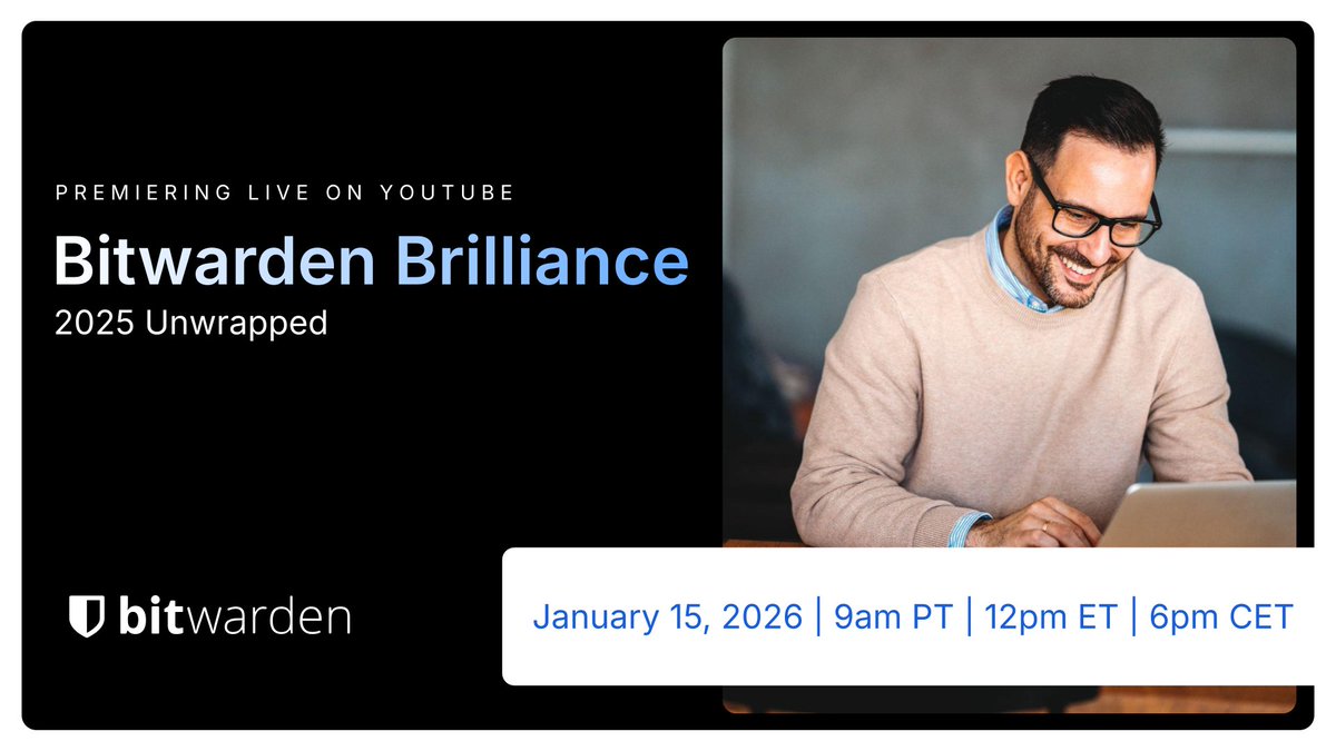 Bitwarden's tweet image. Bitwarden Brilliance is streaming live on YouTube! Watch this recap of all the major features and innovations Bitwarden delivered in 2025, and get your questions answered live. btwrdn.com/459jFFd #passwordmanager