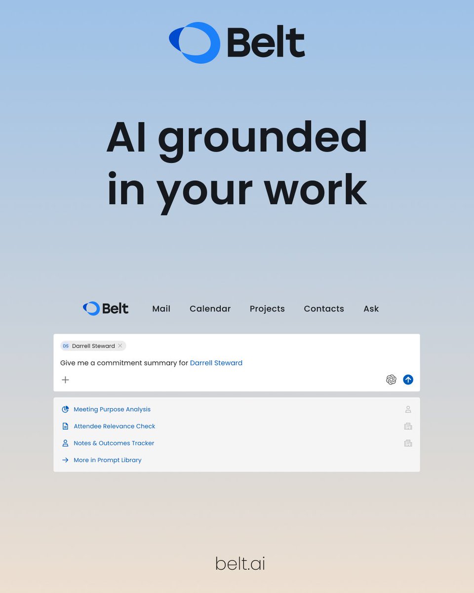 BeltSoftware's tweet photo. Belt turns your mail, calendar, and projects into answers you can use — pulling the right context at the right moment, so decisions and follow-ups happen faster.

Try Belt for FREE at https://t.co/AQiu6yW6eg https://t.co/dOva9kgIK8