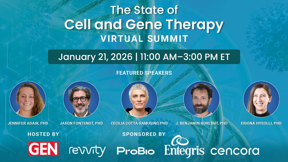 GENbio's tweet photo. What comes next for cell & gene therapy?
Innovation alone isn’t enough. Safety, delivery, access, and ethics are now central to the field’s future.
Join GEN’s free virtual event to explore what’s ahead.
https://t.co/93P0I8iHYk
#CellGeneTherapy #GeneEditing #Biotech https://t.co/nugocEMARZ