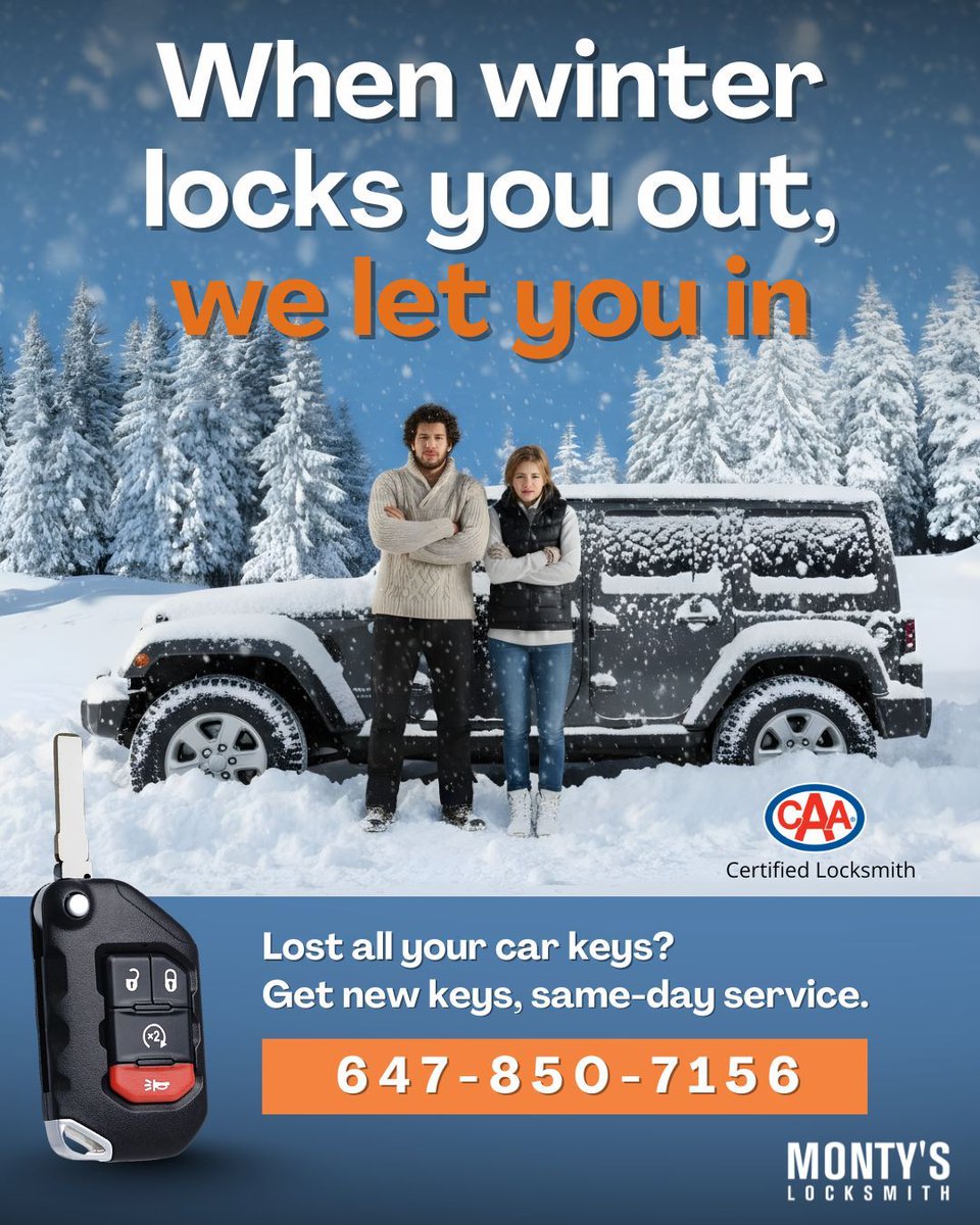 MontyLocksmith's tweet image. Winter doesn’t wait and neither do we ❄️

If your keys are lost, frozen, or simply not working, Monty’s Locksmith provides fast, same-day car key replacement anywhere in Toronto and the GTA. 

📞 647-850-7156 | 🌐 montyslocksmith.ca

#carkeyreplacement #torontolocksmith