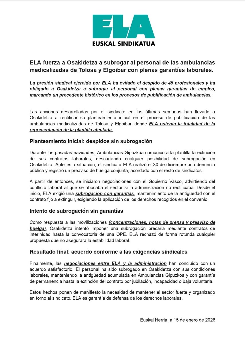 AnbulantziakELA's tweet photo. ELA ha obligado a @osakidetzaEJGV a rectificar:
El personal de las ambulancias medicalizadas de Tolosa y Elgoibar es subrogado con plenas garantías laborales.

Ni despidos.
Ni precariedad.
ELA es garantía. ✊

#Publifikazioa #AnbulantziakBorrokan🚑 https://t.co/twrorSBnSt
