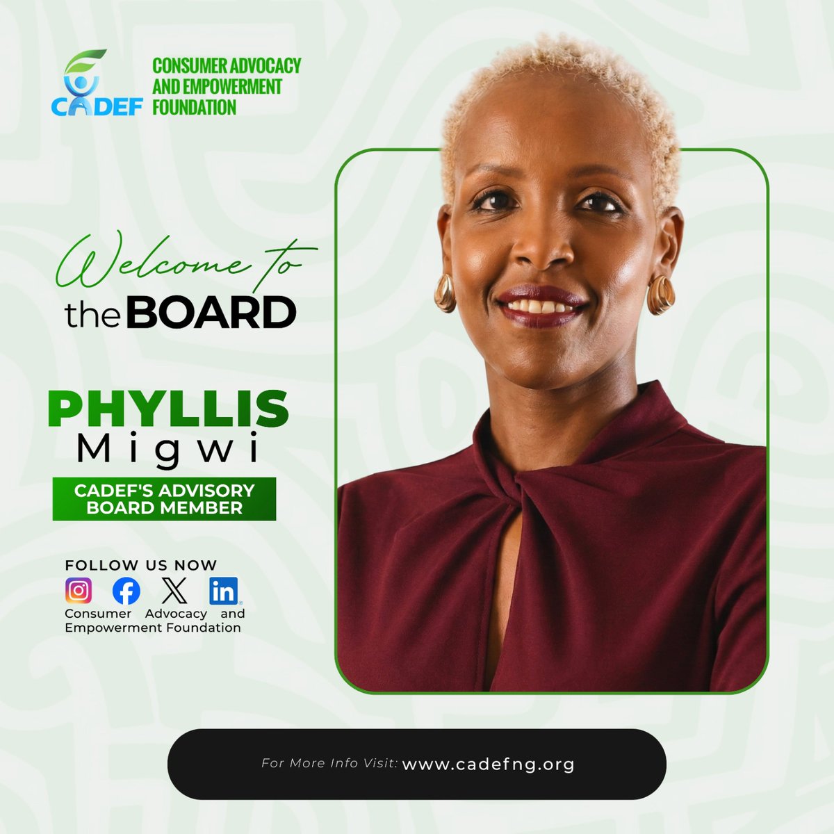 cadef_ng's tweet image. We are pleased to announce that Phyllis Migwi has joined the Consumer Advocacy and Empowerment Foundation's (CADEF) Advisory Board!

Please join us in giving Phyllis a warm welcome! 👏🏾

#CADEF #Leadership #AdvisoryBoard #DigitalTransformation #ResponsibleAI #ConsumerAdvocacy