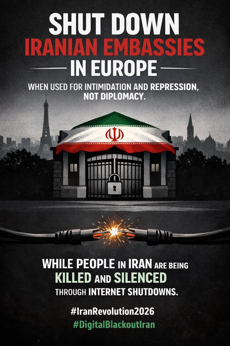 Shut down Iranian embassies in Europe when they are used for intimidation and repression, not diplomacy.
While people in Iran are being killed and silenced through internet shutdowns.
#IranRevolution2026 #DigitalBlackoutIran