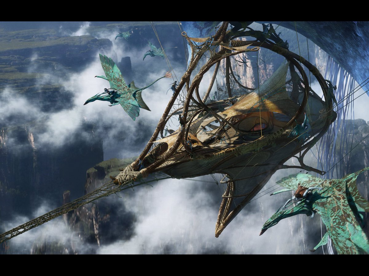 JonathanBach16's tweet photo. Another few images were released for me to share starting with a key frame of the Windtraders setting off on a journey with their riders fanning out around their gondola to scout. This was an image done earlier in the development of the gondola before much of the weaving &amp; what https://t.co/6QORaOmnGc