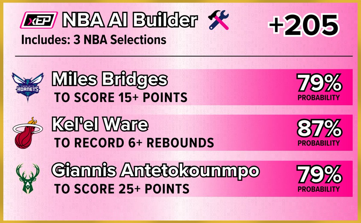 xEP_Network's tweet image. NBA Thursday AI Builder🎮

Used the xep.ai alt lines tool to find three high probability props with also great matchups in their respective markets!