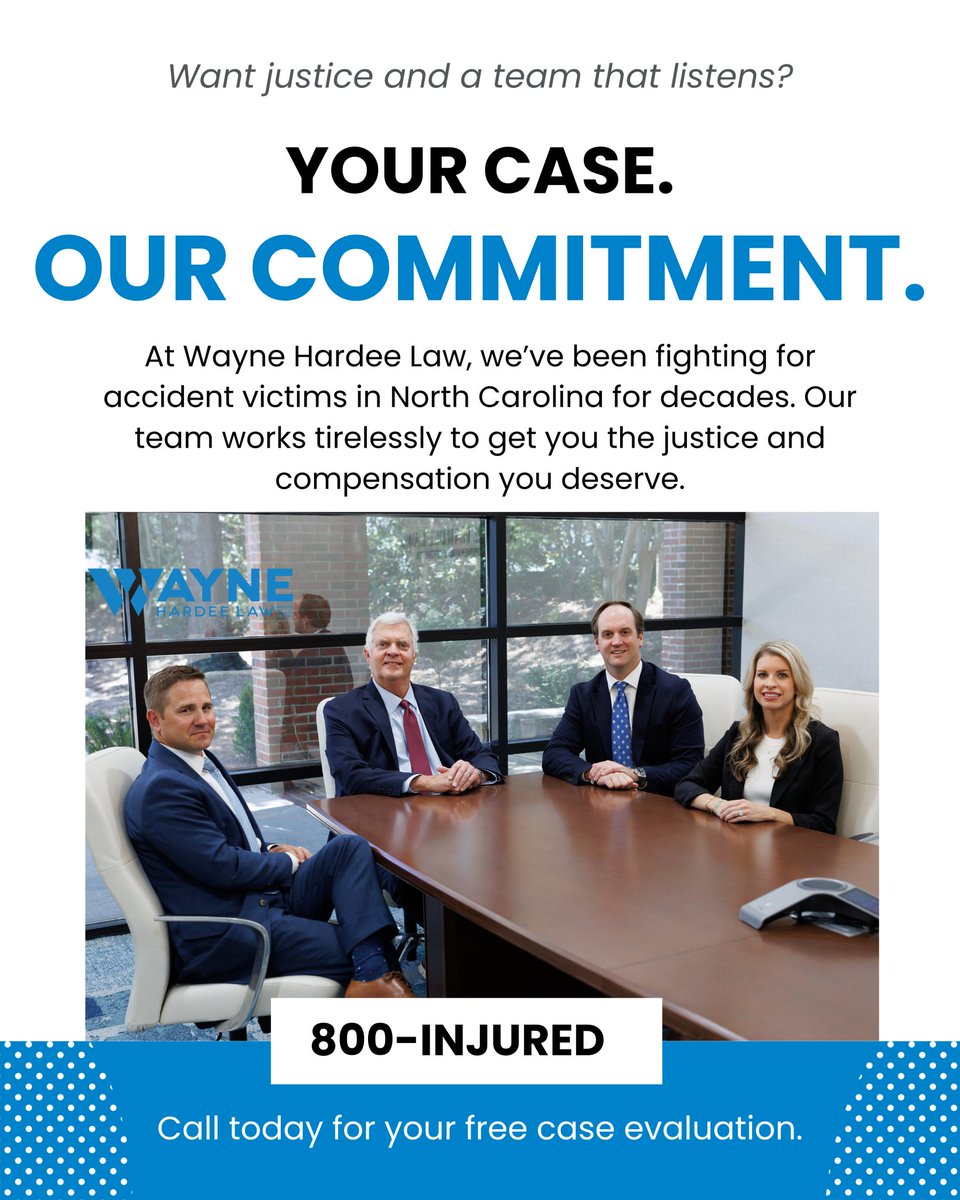 HardeeWayne's tweet photo. Your case deserves a team that listens and fights.
At Wayne Hardee Law, we’ve been standing up for accident victims across NC for decades.
Your justice is our commitment. ⚖️💙

Call 800-INJURED today.

#WayneHardeeLaw #OurCommitment #NCInjuryAttorney #WeFightForYou #800INJURED https://t.co/RoAPyTEjjE