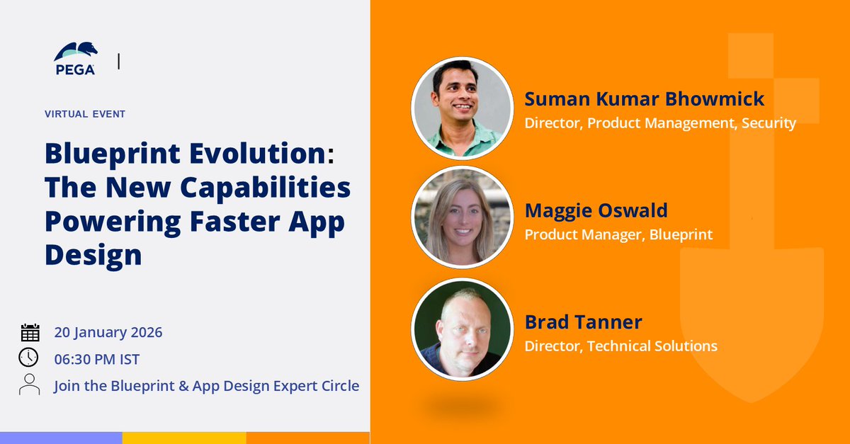 pega's tweet photo. Level up your app design flow. Explore new Pega Blueprint capabilities that make modeling faster, smarter, and more reusable.
Don’t miss the webinar: https://t.co/URvHiTuE9p
#PegaDeveloper https://t.co/bSv20A17zx