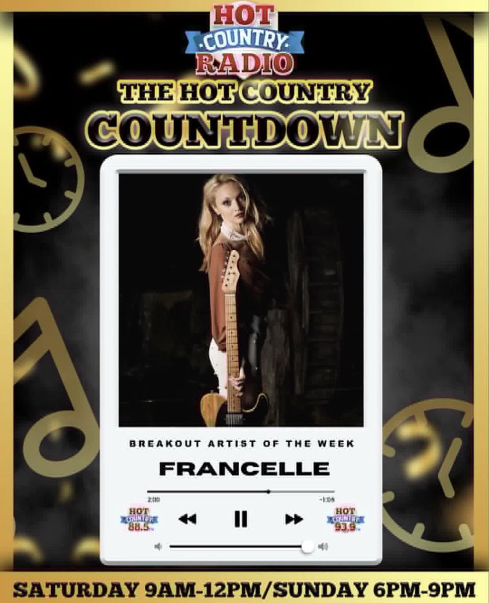 Big thank you to Tracy Lynn for havin’ me on the show! I’m beyond pumped to be featured as the Breakout Artist of the Week on The Hot Country Countdown 🤠🔥

So grateful for the love and support—here’s the ad for it!
Be sure to tune in:
📻 Saturday 9AM–12PM
📻 Sunday 6PM–9PM