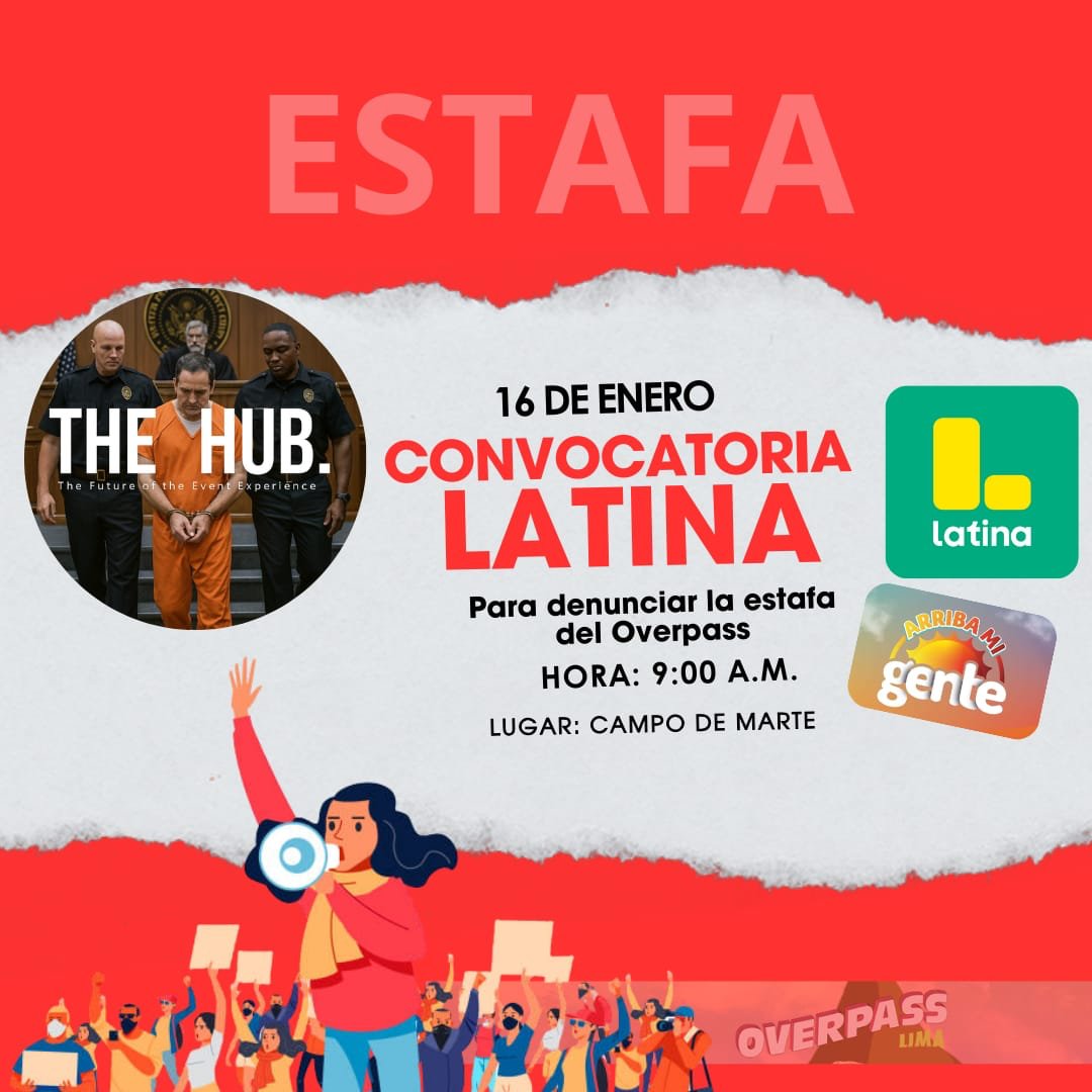 NUEVA CONVOCATORIA PARA DENUNCIA OVERPASS
PARA EL CANAL DE LATINA. 9:00 am en campo de marte. 
Unanse a la denuncia para poder recuperar nuestra inversión