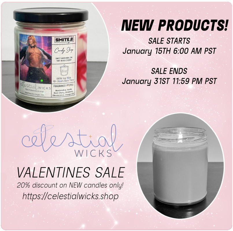 IT'S FINALLY TIME! 
All new Valentines Themed products are LIVE! :) 
20% off sale on all the new candle scents - the website has also gotten a bit of a visual rework 👀

celestialwicks.shop