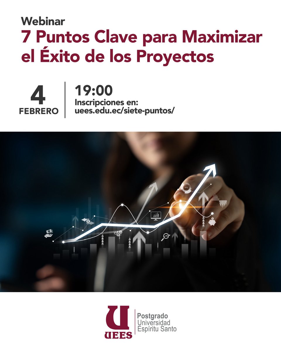 PostgradoUEES's tweet photo. Te invitamos al webinar “7 puntos clave para maximizar el éxito de los proyectos” 📊 con Estefanía Mantilla, PMP®️. 

📅 4 feb 2026 
⏰ 19h00. 

Buenas prácticas y herramientas para potenciar resultados. 

🔗 https://t.co/BkXmCKCWgq https://t.co/NaO51voOqC