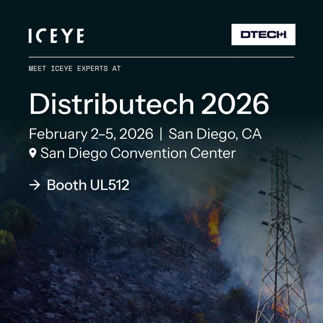 iceye_global's tweet photo. ICEYE is exhibiting for the first time at #DISTRIBUTECH February 2–5, 2026. Stop by Booth UL512 to learn how persistent Earth observation is helping electric utilities better prepare for, respond to, and recover from climate-driven disruptions. https://t.co/fppTVmNyM2