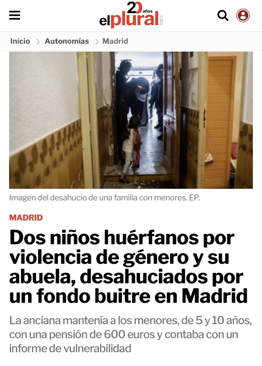 manuelabergerot's tweet image. 5 y 10 años. Huérfanos porque un hombre asesinó a su madre. Su abuela los cuidaba con 600€ de pensión. Tenían informe de vulnerabilidad.

Hoy desahuciados por un fondo buitre.

Es intolerable. Hay que intervenir el mercado de la vivienda ya.
elplural.com/autonomias/mad…