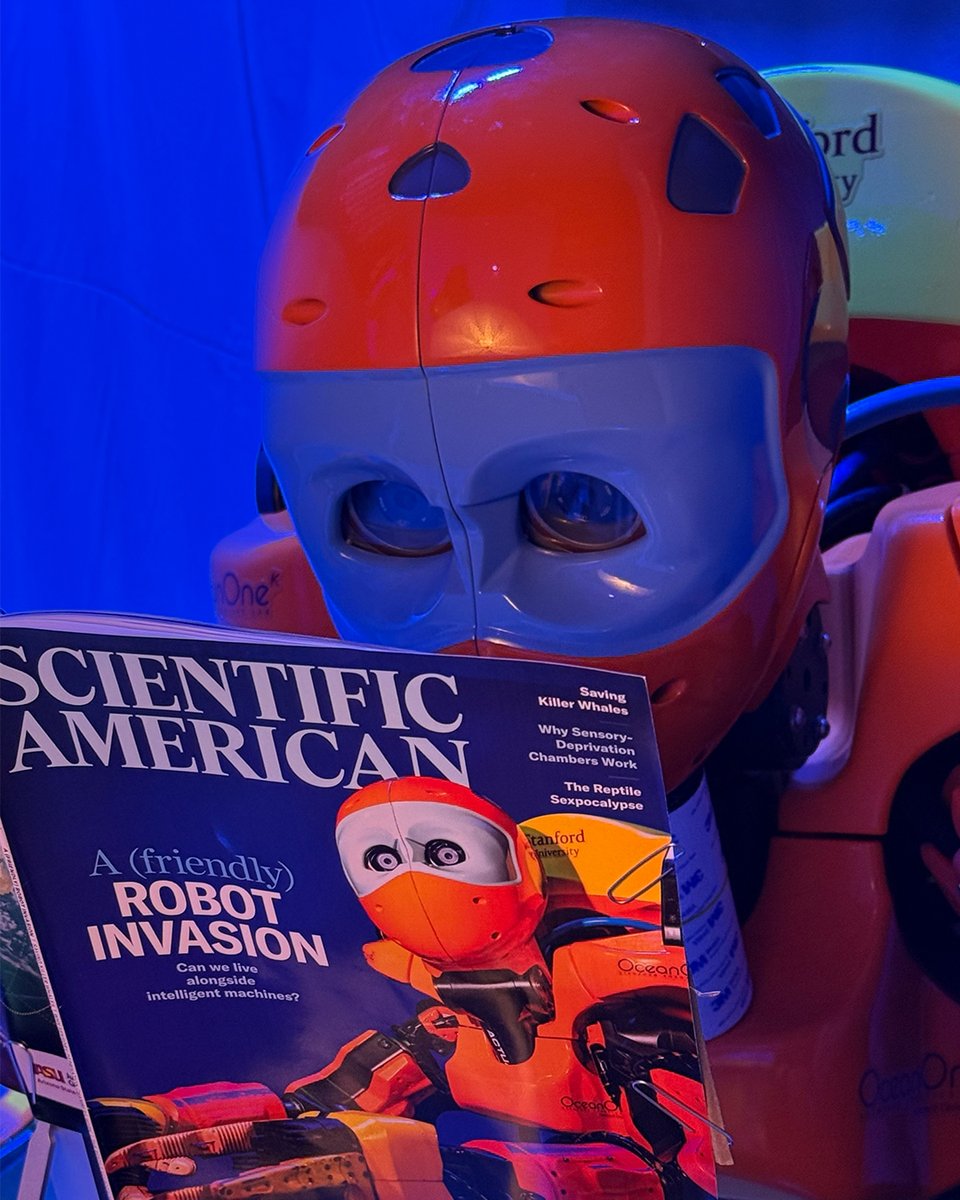 StanfordEng's tweet photo. Ready for a close-up! Scientific American’s January 2026 cover features OceanOneK, a humanoid robot developed at Stanford Engineering by Oussama Khatib to enable hands-on exploration of the deep sea. https://t.co/8kxjuLThqV https://t.co/5OE6nXG577