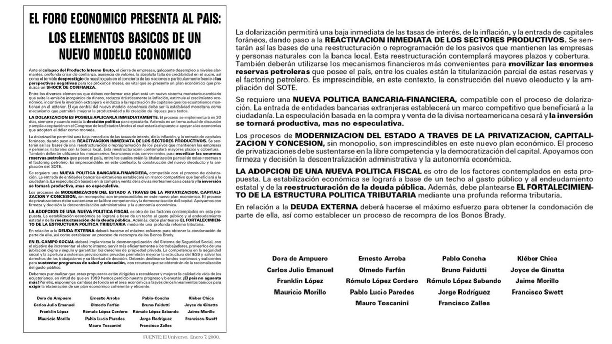 La #dolarización no lo resuelve todo, nunca se la vendió así. Esta semana cumplió 26 años dolarizado #Ecuador y pocos saben que el 7 de enero se publicó en los principales diarios este manifiesto firmado por reconocidos economistas que la promovían. Ellos señalaron precisamente