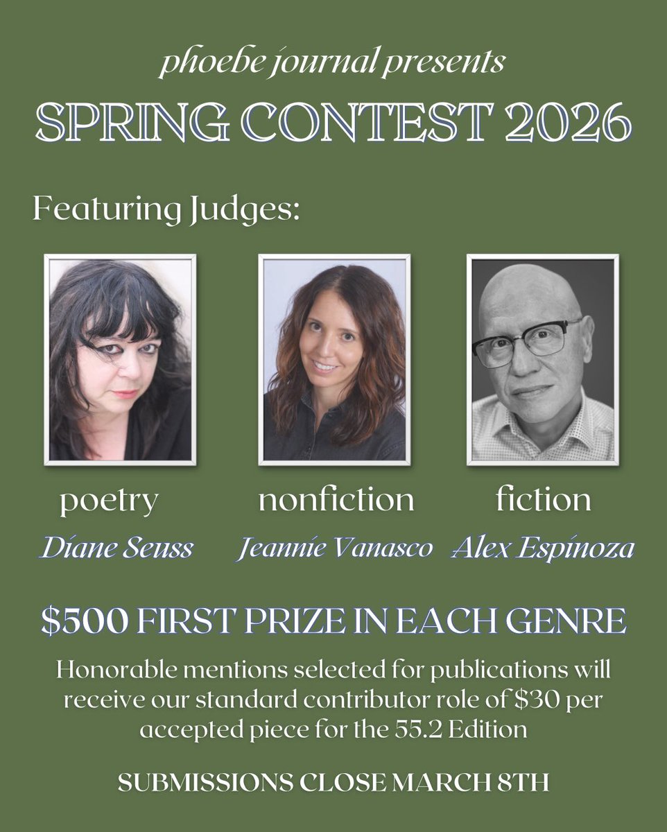 PhoebeJournal's tweet photo. phoebe’s submissions are OPEN today, January 15th, for the Spring Contest! ✨ Visit phoebe’s Submittable for more information.

Like the post says, there will be a $500 prize for each genre. Honorable mentions will receive $30 per accepted piece. https://t.co/5xn5u2xjPh