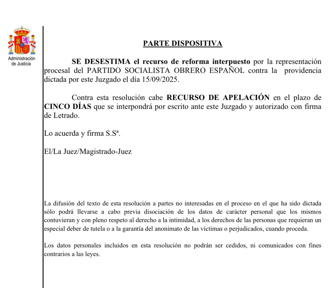 Desestimado el recurso de reforma interpuesto por el PSOE (en una de las muchas causas en las que ejerzo como abogado defensor).

El PSOE pretendía ser acusación particular en el caso de la piñata de la Nochevieja de 2023 y acusar a los implicados de hasta 6 delitos. Es decir,