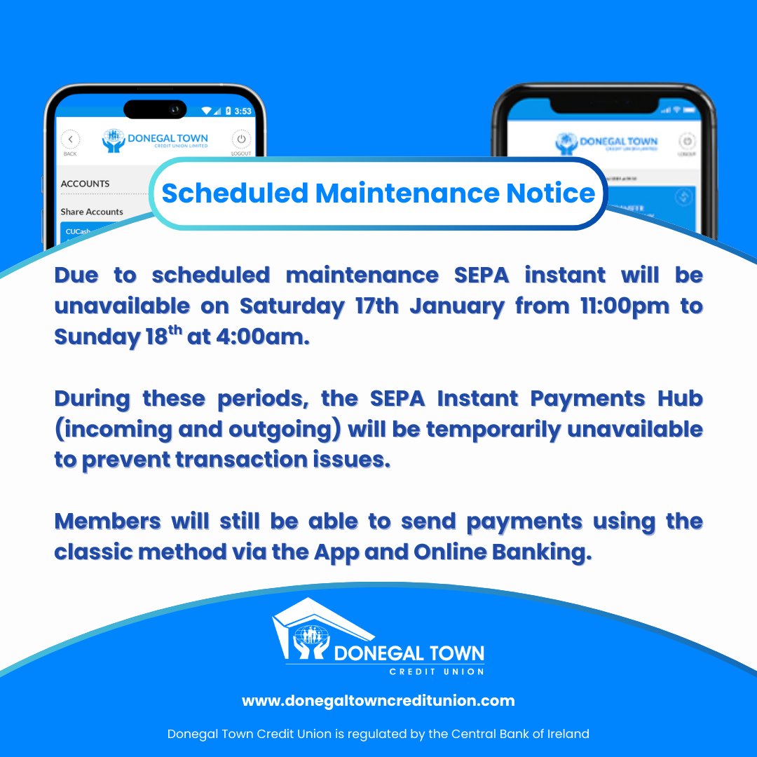 Due to scheduled maintenance SEPA instant will be unavailable on Saturday 17th January from 11:00pm to Sunday 18th at 4:00am.

✅ Members will still be able to send payments using the classic method via the App and Online Banking.

Thank you for your understanding.