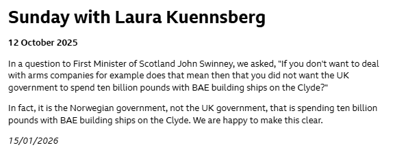msm_monitor's tweet photo. BREAKING

The BBC has published a belated correction after Laura Kuenssberg falsely claimed the UK Labour Govt was spending £10bn on the Clyde building warships. This correction took three months. THREE MONTHS! There has been no broadcast apology on the programme. Disgraceful. https://t.co/npLkdsO4uz