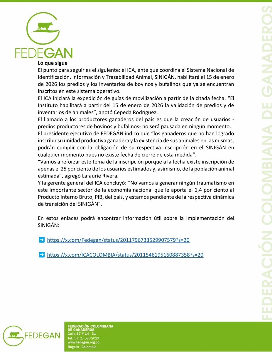 jflafaurie's tweet image. #EsNoticia #Atención #Urgente 

¿Qué sucede con el registro ante el SINIGÁN después del 15 de enero? NO se pueden perder este comunicado de prensa ⬇️⬇️⬇️⬇️⬇️

FEDEGÁN e ICA aclaran a los 700.000 ganaderos del país que el registro ante el SINIGÁN sigue abierto

- La obligación de…