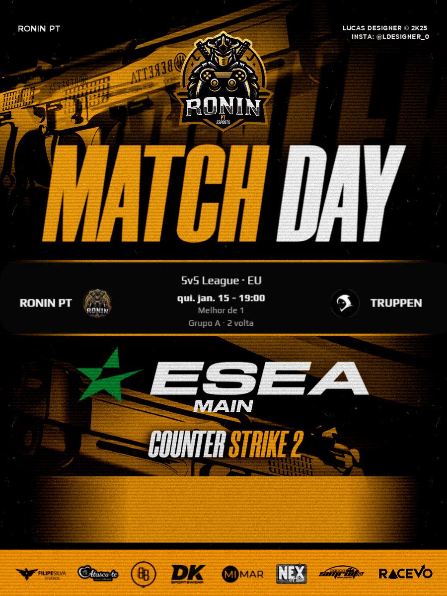 MATCH DAY 
Ronin PT 🆚 Truppen
🕖 19:00 | ESEA Main 

Podem acompanhar tudo em twitch.tv/ronin_pt_

#RoninPT #cs2 #counterstrike2 <a href="/ESEA/">ESEA League</a> <a href="/rtparena/">RTP Arena</a> 
<a href="/meco_do/">Alan_B1da</a>
<a href="/petRCS2/">petR-</a>
<a href="/franciscofroch1/">francisco rocha</a>
<a href="/Smookaaycs/">Smookaay</a>
<a href="/Br0kaCS/">Luís Batista</a>
<a href="/CASTROOOOOOOCS/">CASTROOOOOO</a>