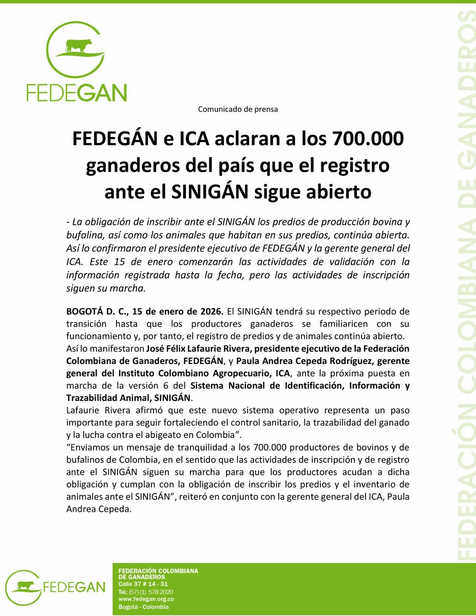 jflafaurie's tweet image. #EsNoticia #Atención #Urgente 

¿Qué sucede con el registro ante el SINIGÁN después del 15 de enero? NO se pueden perder este comunicado de prensa ⬇️⬇️⬇️⬇️⬇️

FEDEGÁN e ICA aclaran a los 700.000 ganaderos del país que el registro ante el SINIGÁN sigue abierto

- La obligación de…