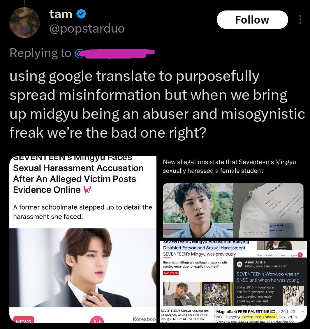 17protectt's tweet image. 🚨 REPORT THESE ACCOUNTS 🚨

Spreading misinformation about SVT, especially MG &amp;amp; WW! 

Report these accounts under: Spam, Targetted harrassment &amp;amp; Incitement‼️ 

🔗: x.com/Windhamster_
🔗: x.com/popstarduo
🔗: x.com/bangtansupppp
🔗: x.com/jksversaces