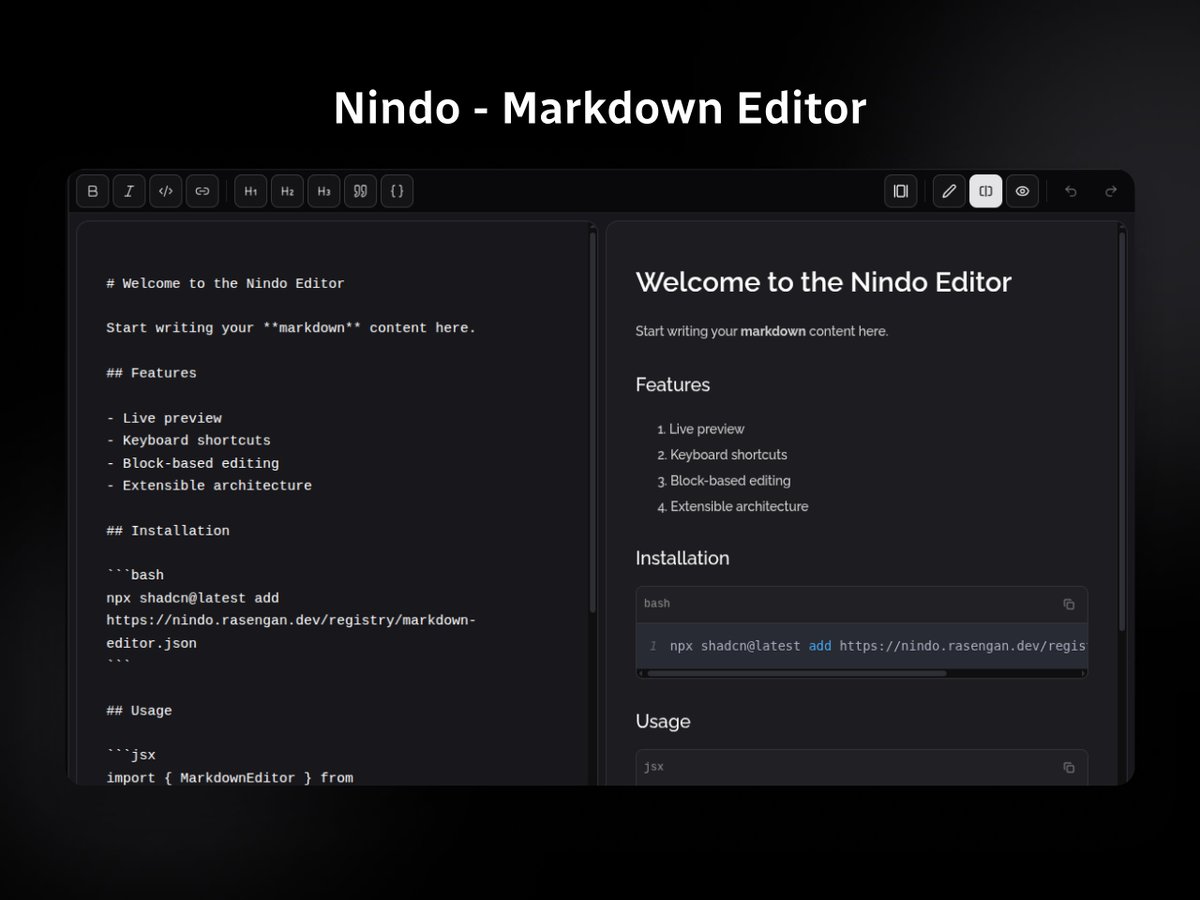 ✨ Nindo is out!

A Markdown editor powered by <a href="/shadcn/">shadcn</a> , built for developers who want: 
📝 clean writing 
🎨 full UI control 
⚙️ easy extensibility

Try it, break it, ship with it 👀🔥

nindo.rasengan.dev

#Nindo #Markdown #shadcn #React #OpenSource #BuildInPublic 🌀