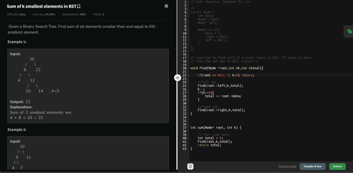 CHAYAN78905's tweet image. 🚀 #Day94 / #180DaysOfCode 🎯
DSA Journey in C++ 📚 | #CoderArmy
📌 Topics: BST ⚡
✅ Concept of Morris Traversal
✅ Check for BST
✅ Flatten binary tree to linked list
✅ Sum of Kth Smallest element in BST

Thanks to @rohit_negi9 bhaiya for the amazing explanation!
#DSA