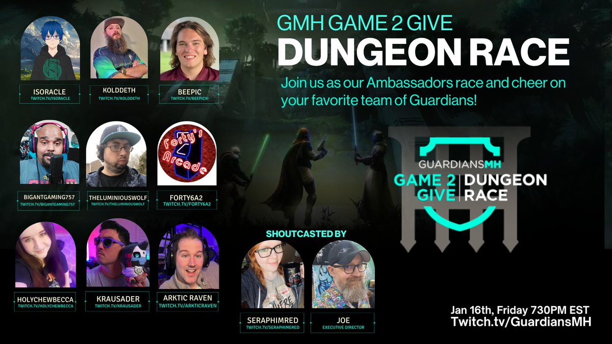 GMH x #Game2Give2026 DUNGEON RACE!

Our <a href="/GuardiansMH/">Guardians Mental Health</a> Ambassadors are hitting the dungeons &amp; racing for a cause 💚
Cheer on your favorite teams, help us show support for our friends at <a href="/BungieLove/">Bungie Foundation</a>, &amp; help make a impact together.

Friday, Jan 16 730pm est
twitch.tv/GuardiansMH