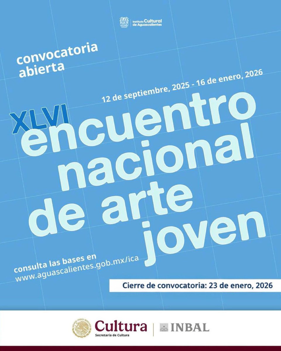 🚨 Nueva fecha de cierre de convocatoria 

¡Aún estás a tiempo de participar! La convocatoria del XLVI Encuentro Nacional de Arte Joven extiende su fecha de cierre al 23 de enero, 2026. 

Participa por uno de los cuatro premios y forma parte de la exposición que se presentará en