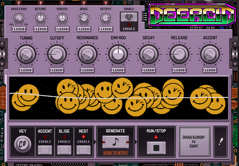 DotecAudio's tweet image. #DeeTips
AIより簡単？！（🙃時間が溶けるので注意🙂）
ボタン一発で激シブフレーズが無限生成
各ツマミを画像の通りに設定してみよう！
あとはRUN/STOPボタンで再生すれば、GENERATEを押すたびに次々とフレーズが生まれるぞ！
(BPM130前後が👍)
👇早速デモ版から体験‼️
dotec-audio.com/deeacid_jp.html