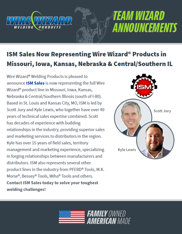 WireWizardUS's tweet photo. We are pleased to announce ISM (@ISM_63144) is now representing the full Wire Wizard product line in Missouri, Iowa, Kansas, Nebraska &amp; Central/Southern Illinois (south of I-80). Contact ISM Sales today to solve your toughest welding challenges!

Family Owned 🇺🇸 American Made https://t.co/xX7jpOqn38