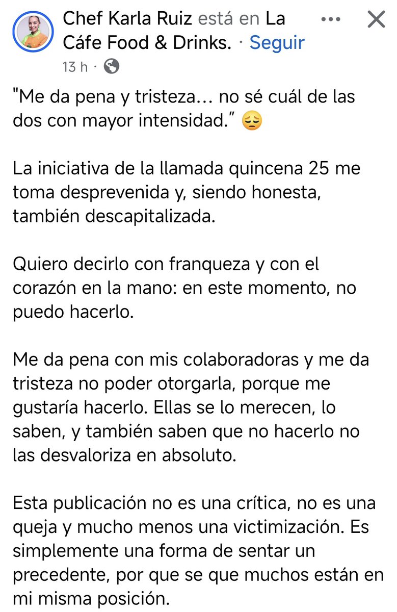 musikeys1's tweet photo. “NO PUEDO”

Cuando una pequeña empresaria dice
“quisiera decir que puedo, pero no puedo”, 
no es que no quiera y no es que le valga la gente.

Es que la "ley" se hizo a lo vale versh,
sin ver quién anda raspando la olla,
sin escuchar a quienes sostienen empleo desde la fragilidad.

Gobernar para la gente también es no pasarle la factura a quien ya está trabajando al límite del ahogo.