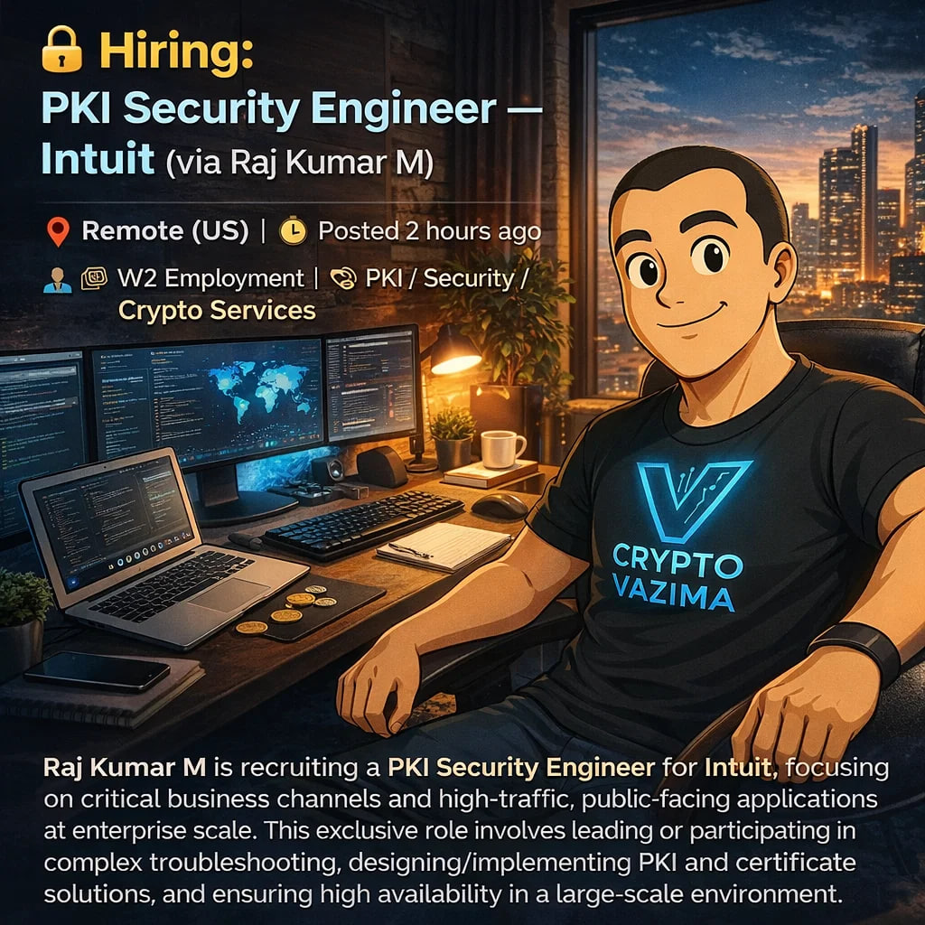 🔐 Hiring: PKI Security Engineer (Remote W2) — Intuit via Raj Kumar M 📍  Remote (US) | 💼 Security / PKI | 🧑‍💻 4+ years IT / 2+ PKI | 🕐 Posted
