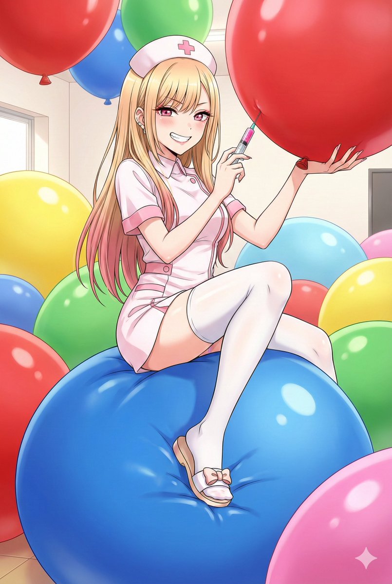 「五条くん、可愛く撮影してくれないと、この風船さん、ちくっとさせちゃうぞ」  
"Gojo-kun, if you don't take a lovely photo of me, I'll make this balloon prick it."  
#風船フェチ  
#風船