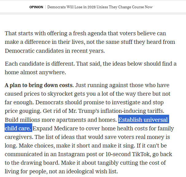 ehaspel's tweet photo. In the past three months, the NYT has featured comments from James Carville, David Plouffe & Bernie Sanders all calling for universal child care. That's basically every wing of the party. In a remarkably short period, universal child care has become the mainstream Dem position -- and in a format that increasingly includes proposals to support kin caregivers & stay-at-home parents -- and I'm here for it.