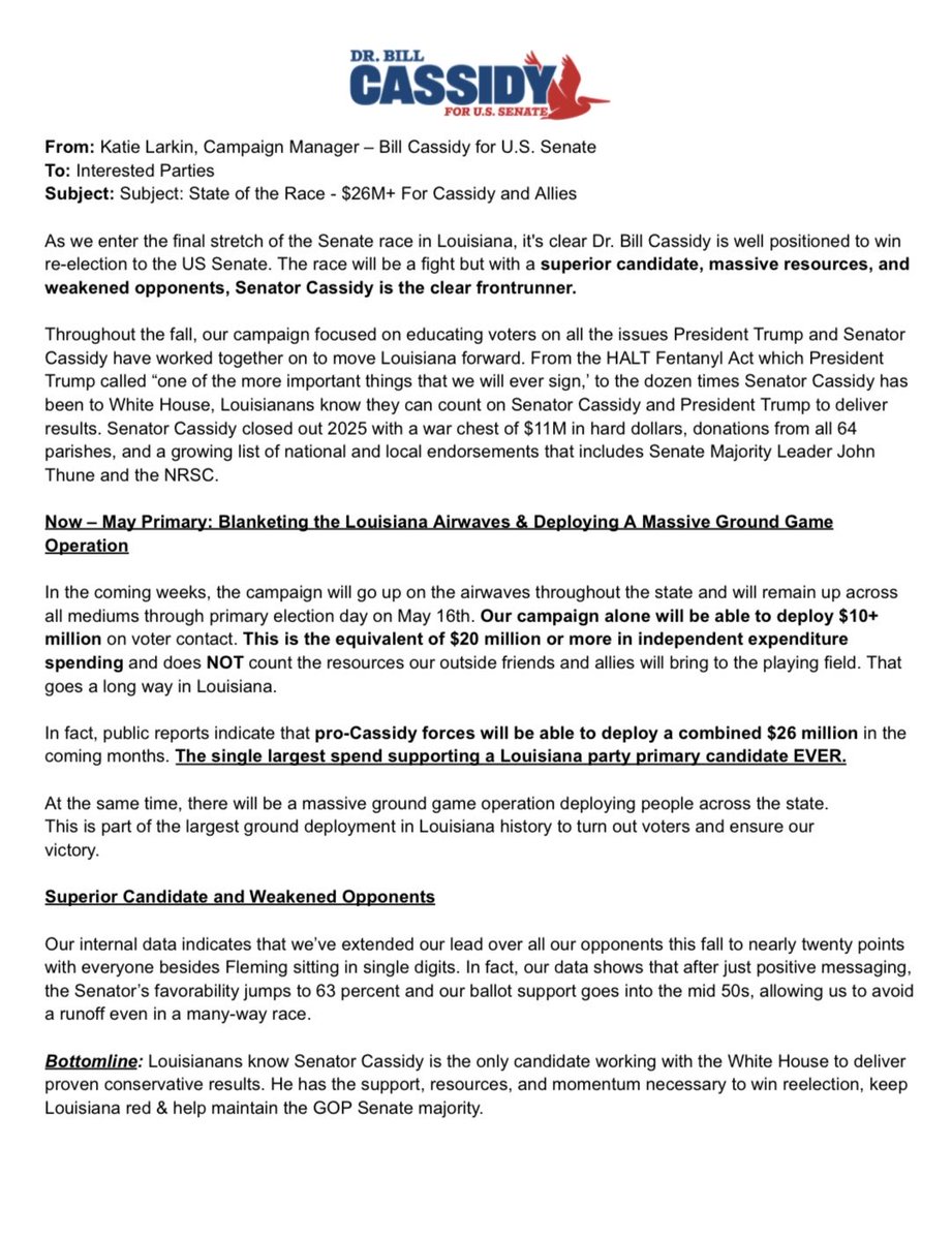 JUST IN: $26M+ to be spent for <a href="/BillCassidy/">Bill Cassidy, M.D.</a>’s re-election campaign between now and the GOP primary on May 16th. 

This will be the single largest spend supporting a Louisiana party primary candidate EVER. 💪🏼💪🏼💪🏼💪🏼

Let’s Geaux! #LASEN #LApol 

billcassidy.com/memo