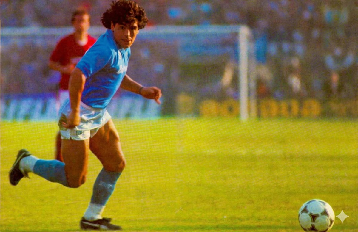 Le pedí a la IA que quitara todos los textos y las palabras de esta imagen de Diego en el Nápoli. También que borrara el típico pliegue del medio de las revistas. Lo hizo perfecto. El resultado: