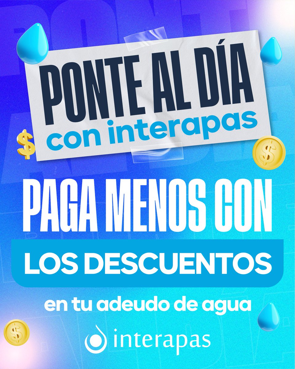 ¡Dale un respiro a tu bolsillo!💸🙌

Obtén un descuento del 30%, 40% o 50% en tu adeudo de agua. Aprovecha el programa ✨"Ponte al día con #Interapas"✨ para regularizar tu cuenta.

📆Vigente todo enero.
✔Tarifas domésticas, comerciales e industriales.
📲sindeuda.interapas.mx/Consulta